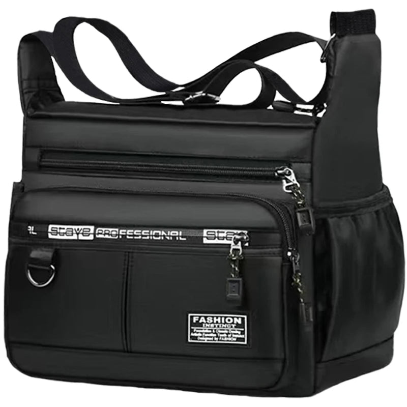 Black nylon multi-layer men's shoulder bag, versatile crossbody style for business travel by Corporación Turística.