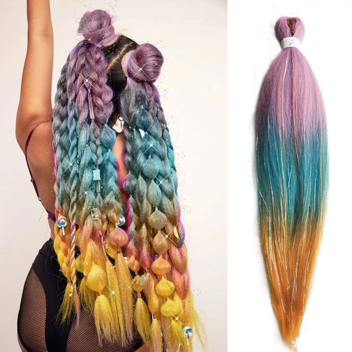 Children's hair extensions with straight braids, 26-inch length, in a bundle, by Corporación Turística for kids' hairstyles.