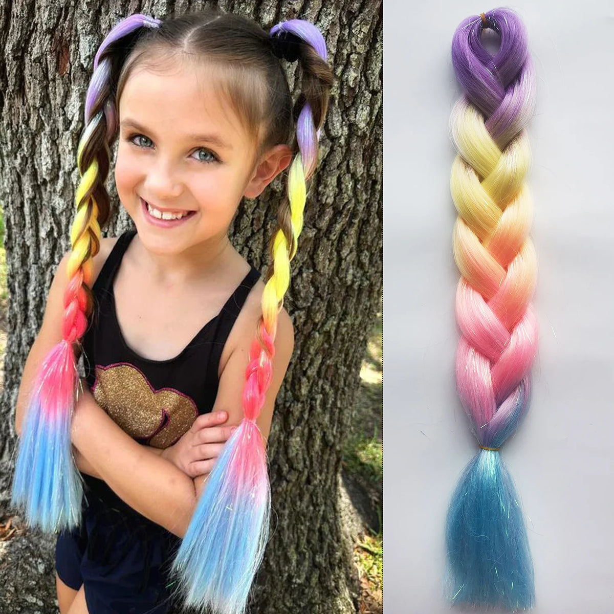 Long 26-inch natural-colored hair extensions for girls, styled in straight braids, by Corporación Turística.