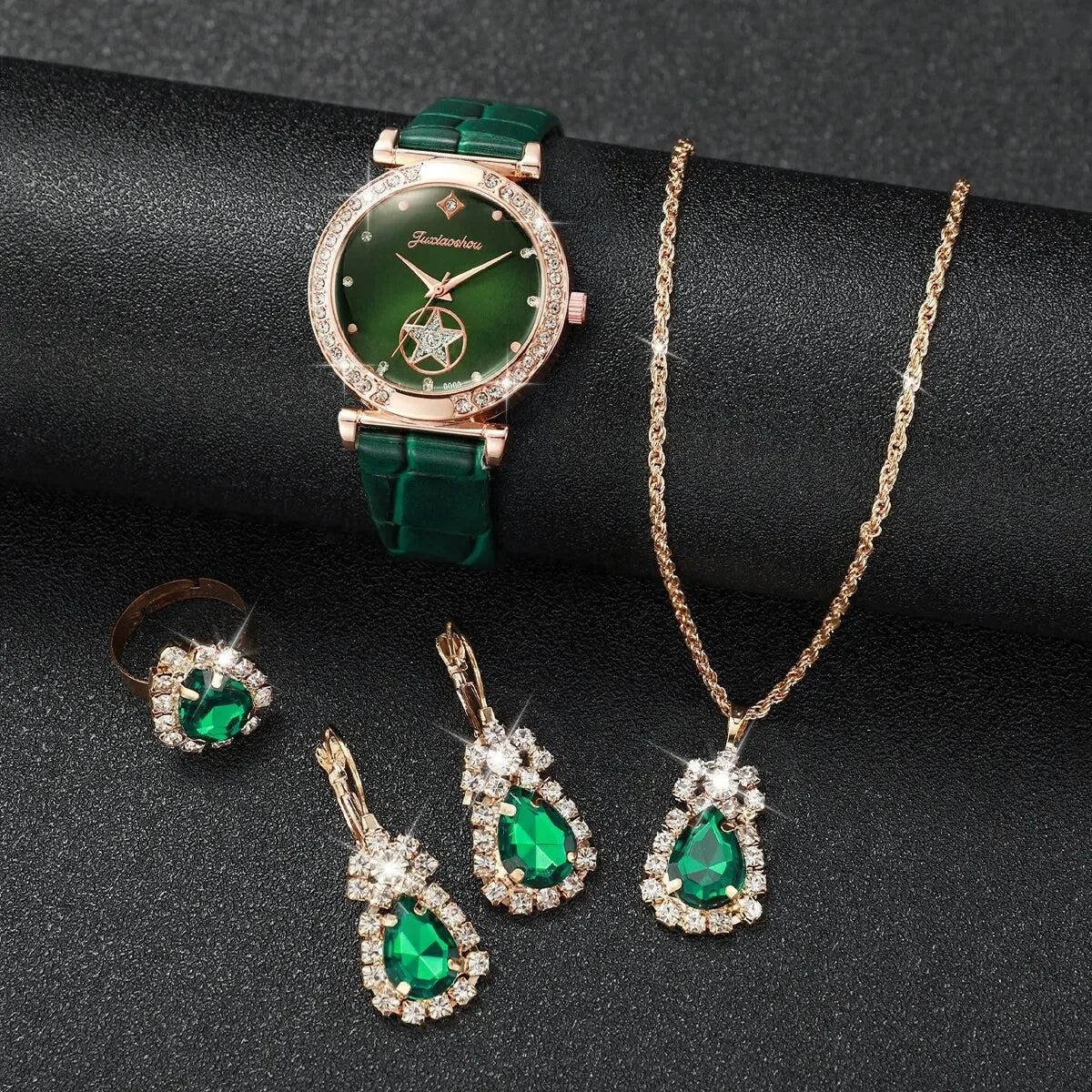 Elegant women's green leather watch set with rose gold accents by Corporación Turística, featuring a stylish watch and matching accessories.