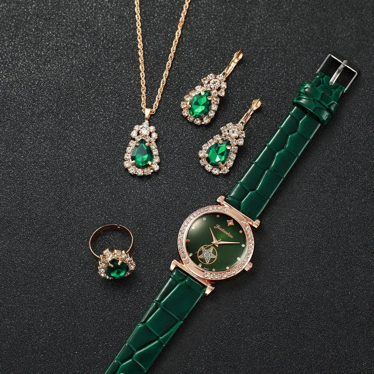 Elegant green leather watch set for women by Corporación Turística, featuring a rose gold finish and stylish design.