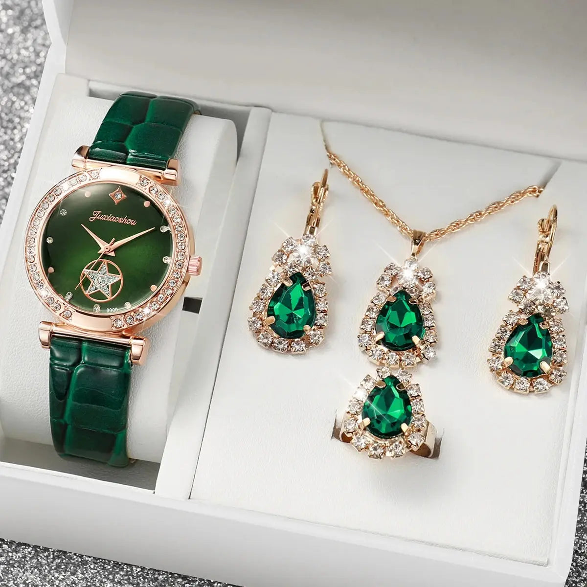 Elegant women's green leather watch set with rose gold accents from Corporación Turística, featuring a stylish timepiece and matching accessories.
