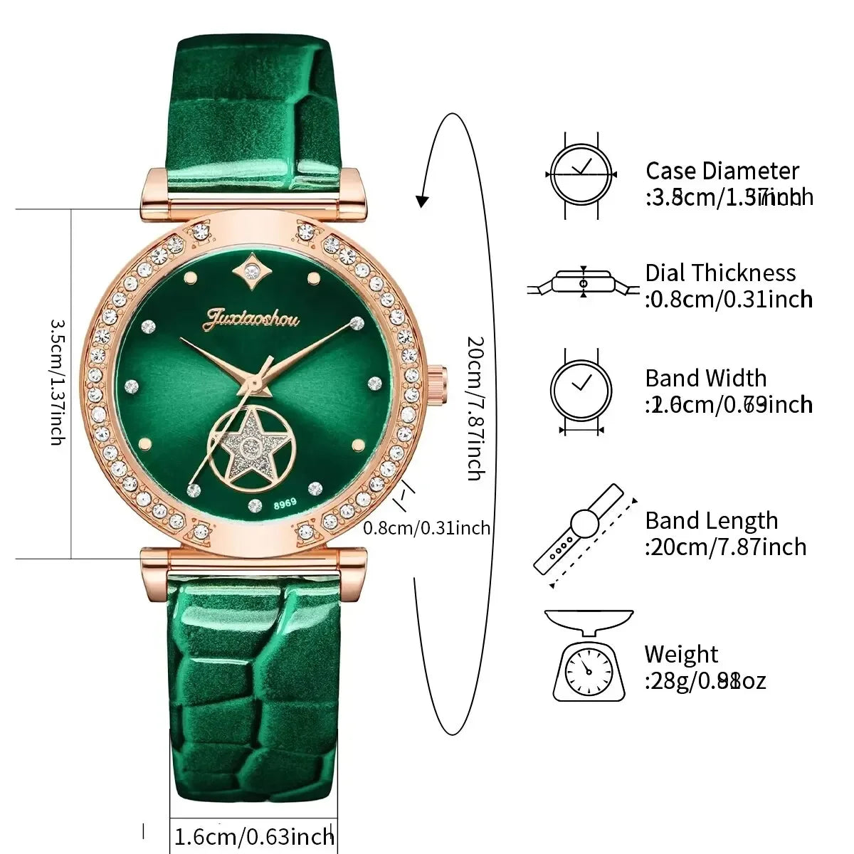 Elegant green leather watch set for women by Corporación Turística featuring a rose gold-tone case and strap.