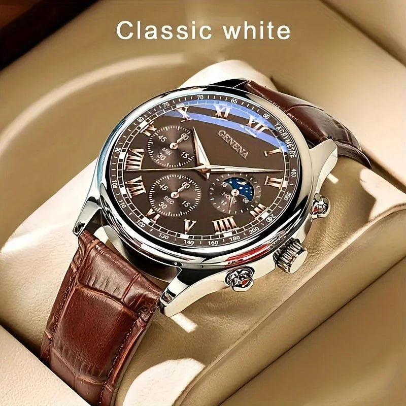 Corporación Turística Geneva watch with silver case, lunar phase, and triple subdials showing time and date details.