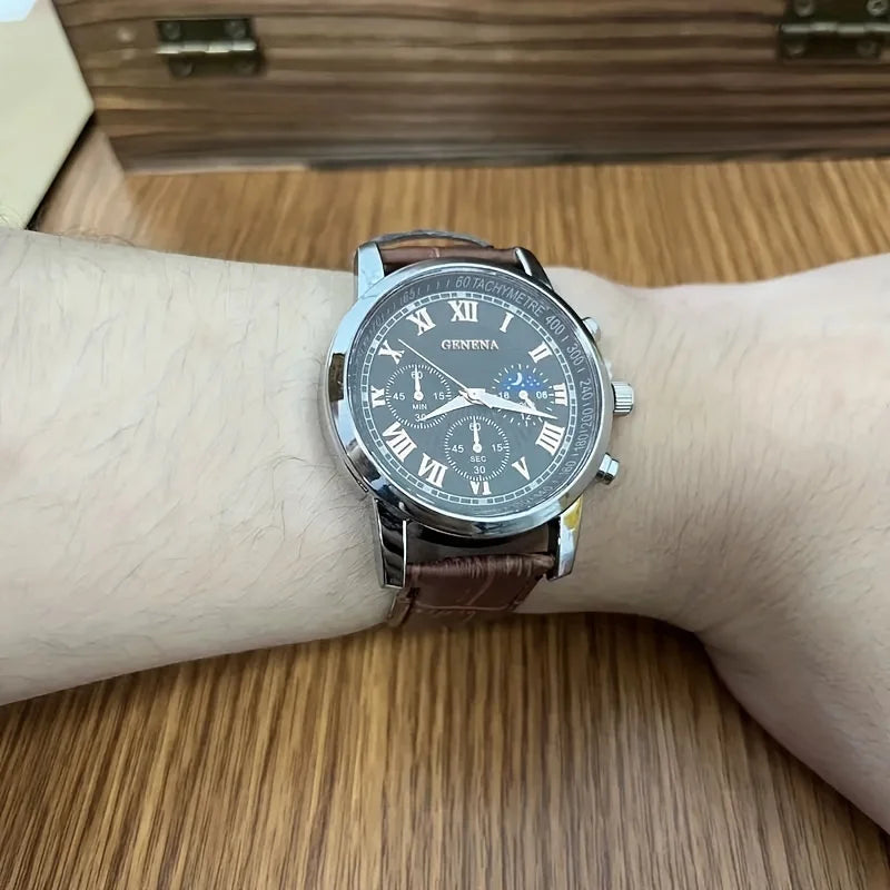 Geneva watch by Corporación Turística with silver case, lunar phase, and triple subdials, showcasing elegant timepiece details.