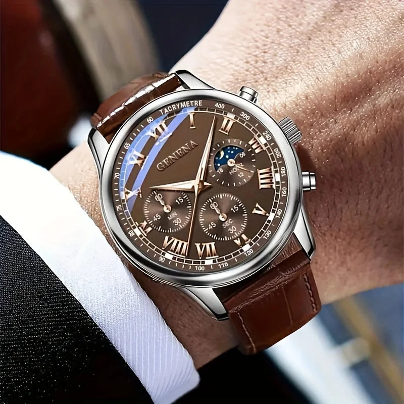 Geneva wristwatch with silver case, lunar phase display, and triple subdials, by Corporación Turística.