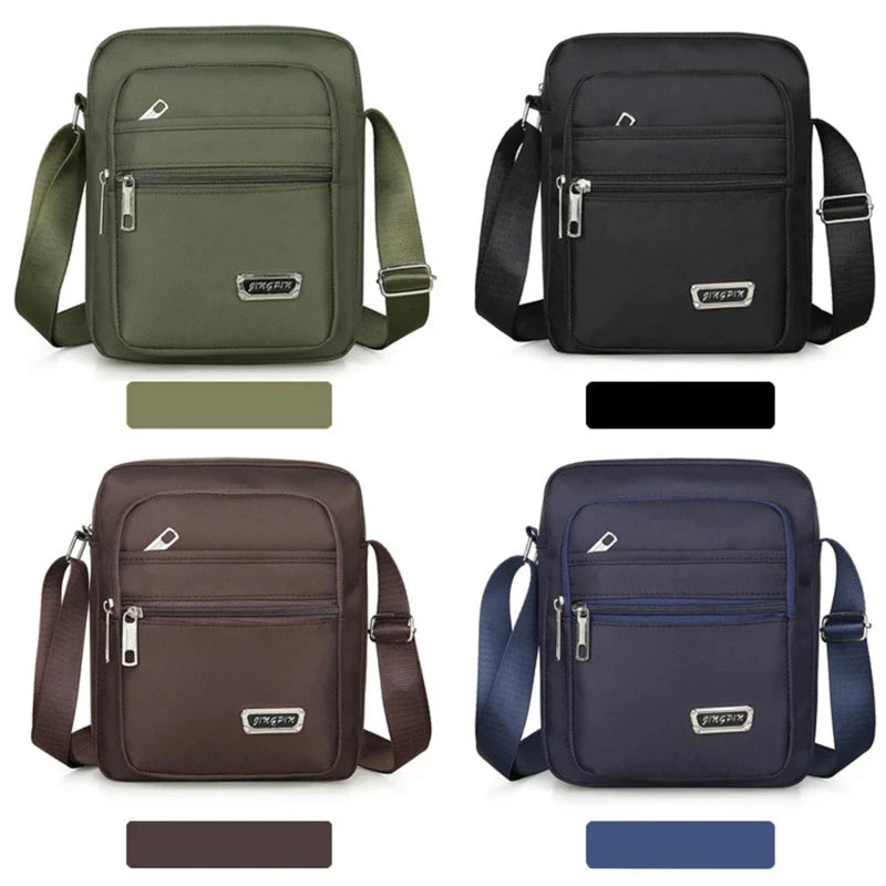 Brown men's waterproof crossbody bag with six zipper compartments, durable and stylish for everyday use.