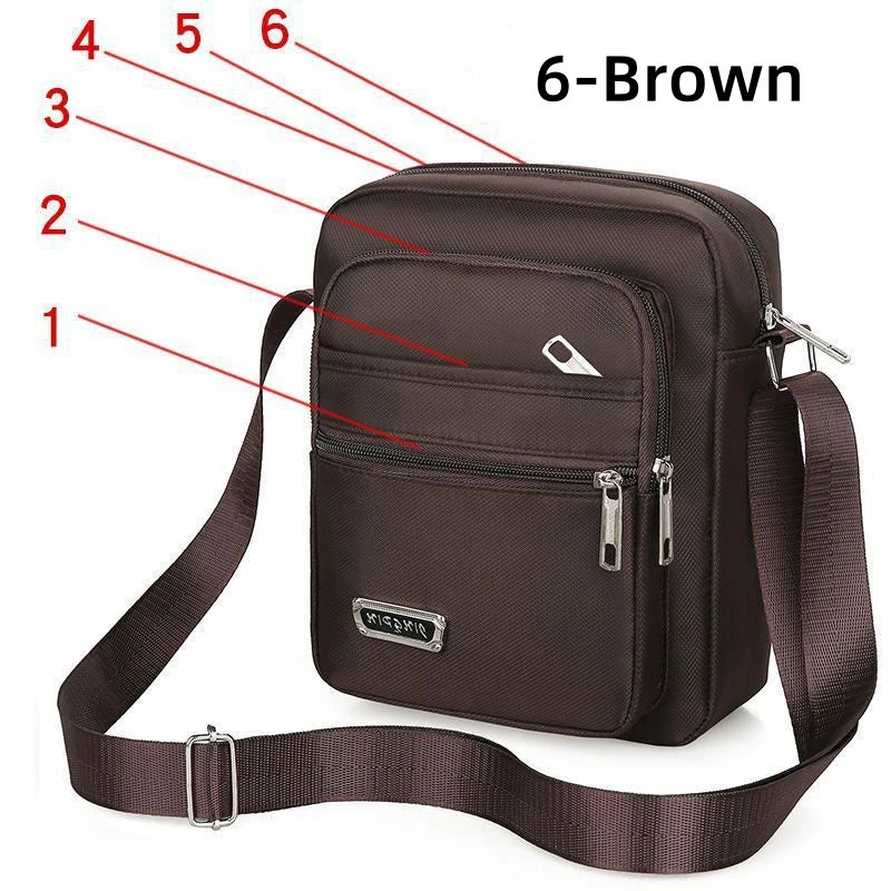 Brown men's waterproof crossbody bag with six zippers from Corporación Turística, designed for durability and everyday use.