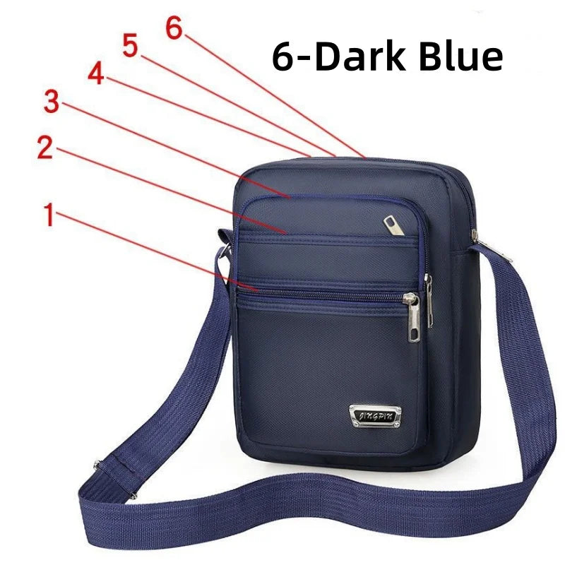 Brown waterproof crossbody bag for men by Corporación Turística, featuring six zippered compartments and adjustable strap.
