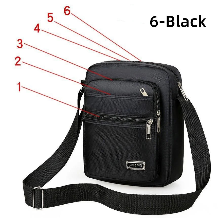 Brown men's waterproof crossbody bag with six zippers, designed for convenience and durability by Corporación Turística.