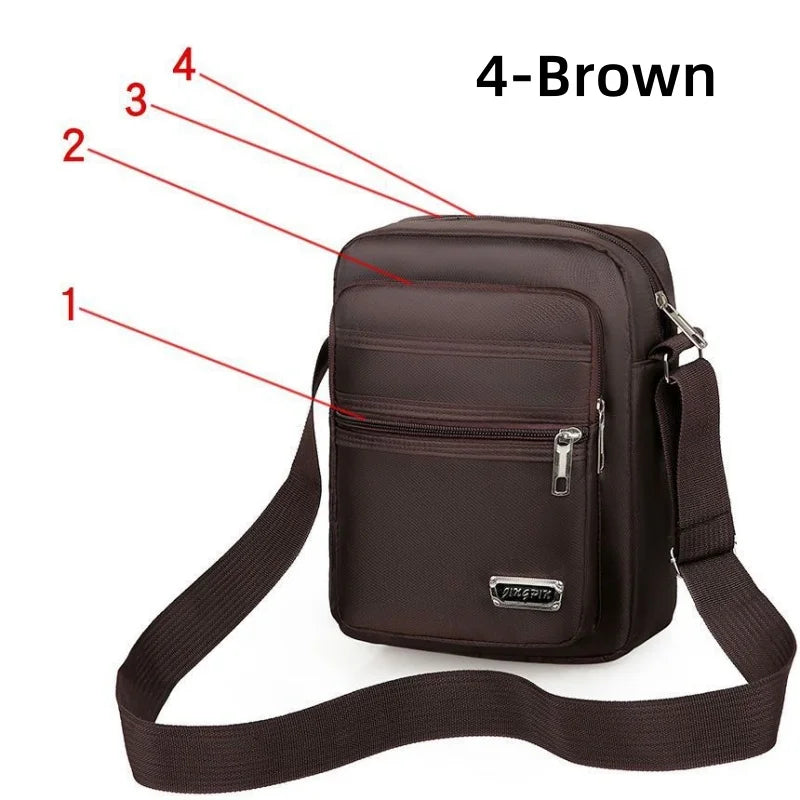 Brown men's waterproof crossbody bag with six zippers, stylish and durable for everyday use.