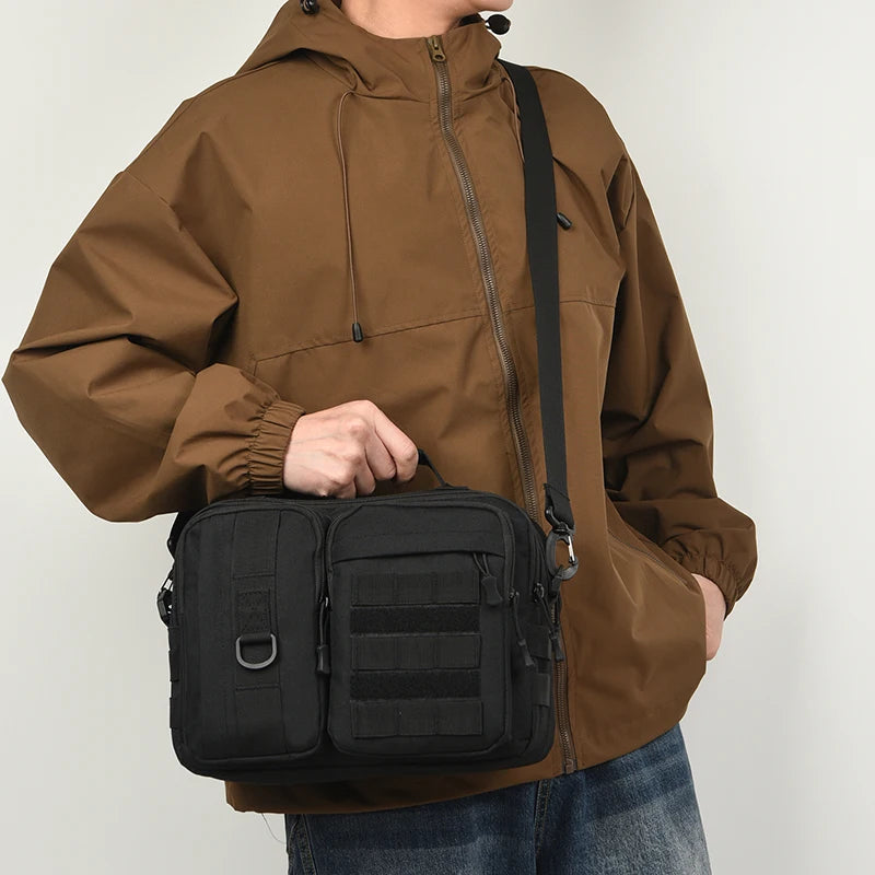 Brown tactical crossbody hiking bag from Corporación Turística, shoulder bag with multiple compartments and rugged design.