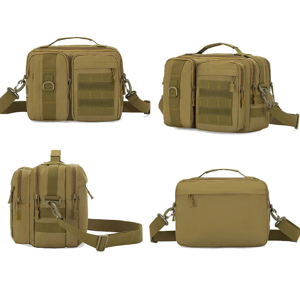 Brown tactical crossbody hiking bag with adjustable shoulder strap, compact design, suitable for outdoor adventures and travel.