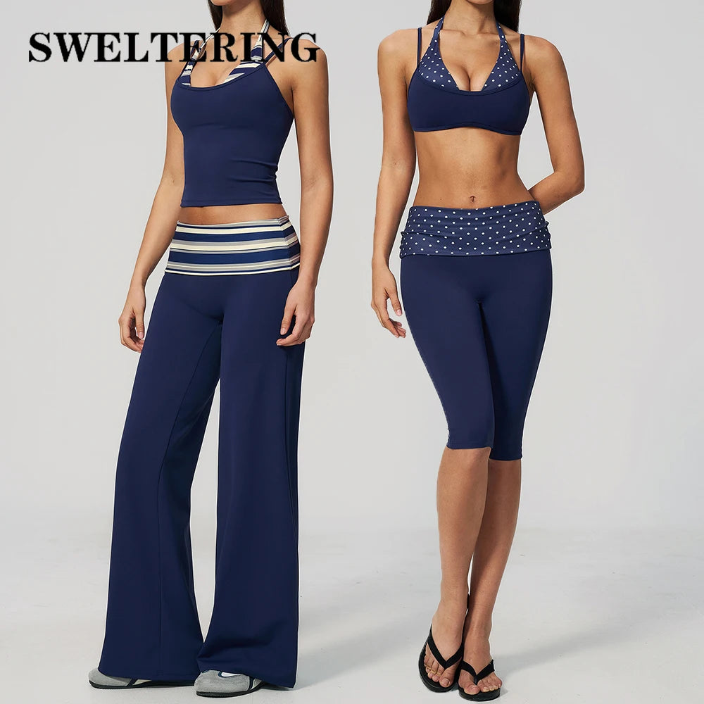 Brown polka dot 2-piece yoga set for women by Corporación Turística, featuring a fitted top and matching leggings.