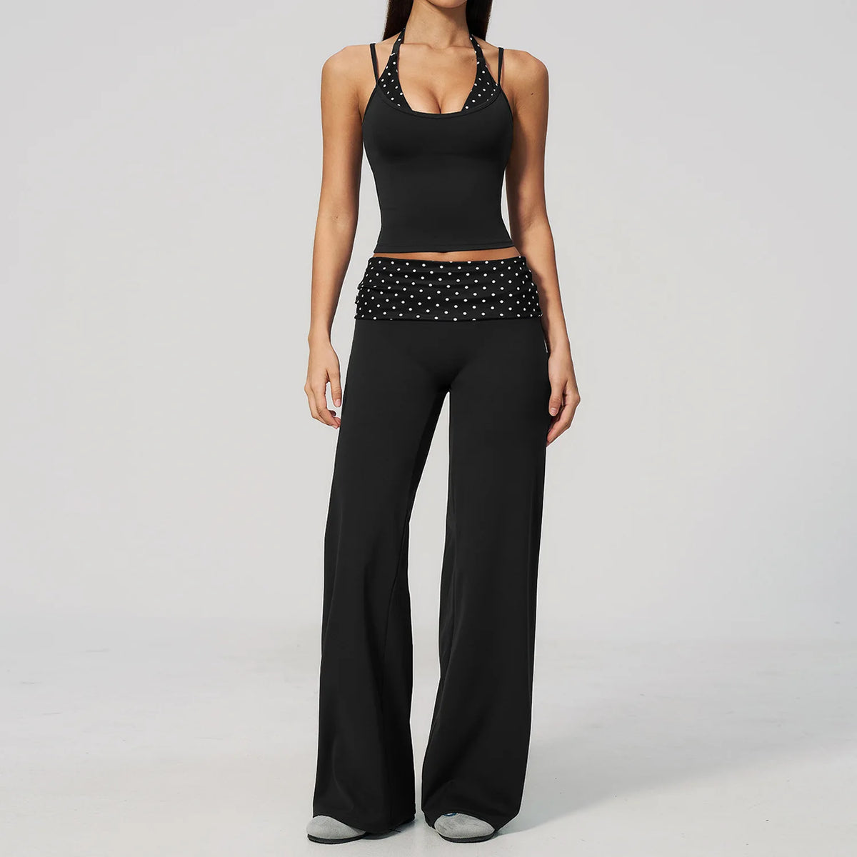 Brown dotted 2-piece yoga set by Corporación Turística featuring comfortable athletic wear for women.