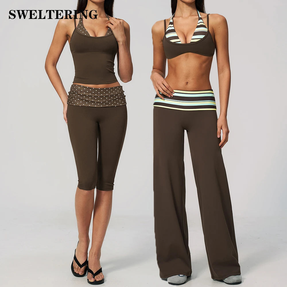 Brown dot-pattern yoga set for women, 2-piece sports outfit by Corporación Turística, includes top and leggings.