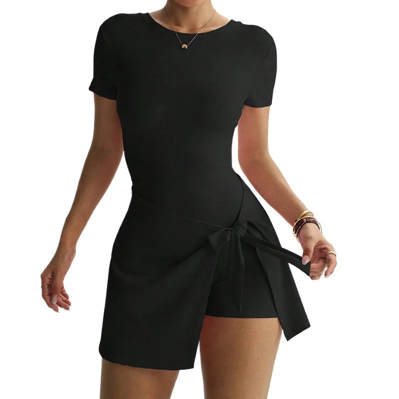 Brown women's tennis dress with two-piece design and open back, perfect for athletic or casual wear by Corporación Turística.