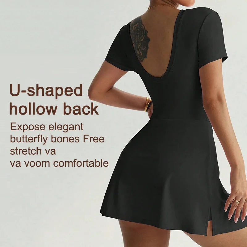 Brown women's tennis dress with two-piece design and open back, ideal for sporty and stylish athletic wear.