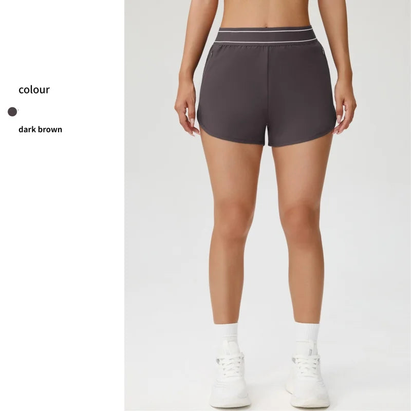 Brown quick-dry yoga shorts by Corporación Turística, designed for vacation and outdoor activities, shown on a model.