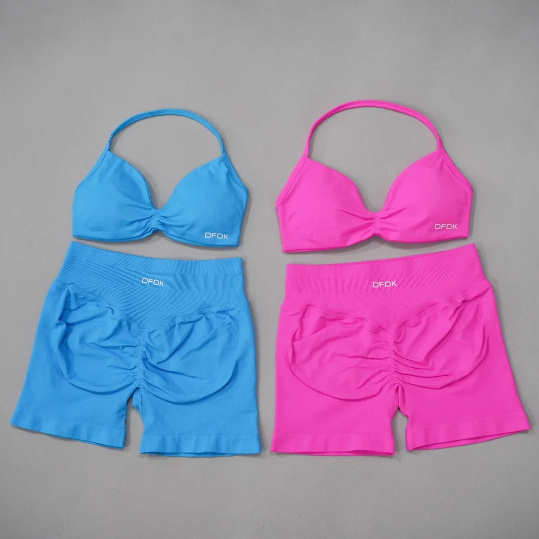 Brown women's 2-piece sports set with DFDK sports bra and shorts, made by Corporación Turística, designed for active wear.