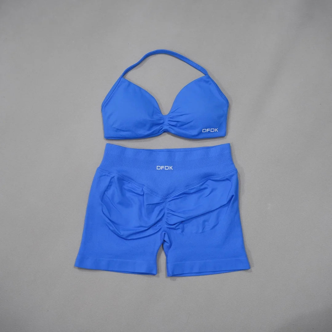 Brown women's 2-piece sports set with bra from DFDK, featuring comfortable athletic fabric and stylish design.