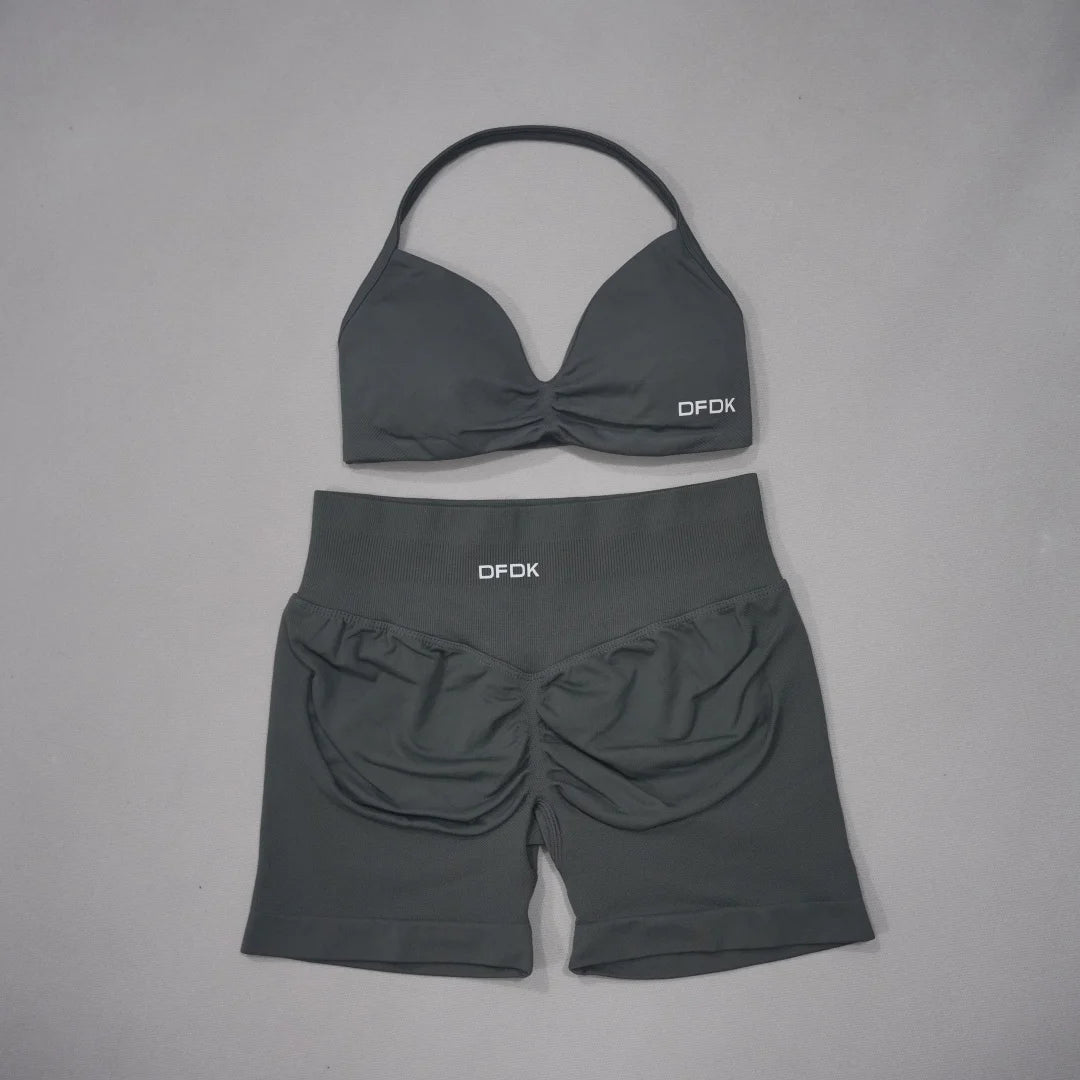 Brown women's 2-piece sports set with DFDK sports bra and matching shorts, casual athletic outfit for active wear.