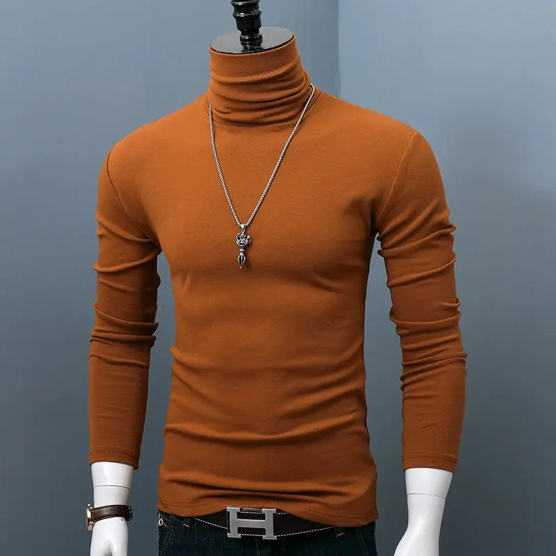 Burgundy classic turtleneck sweater by Corporación Turística for autumn and winter, worn by a model.