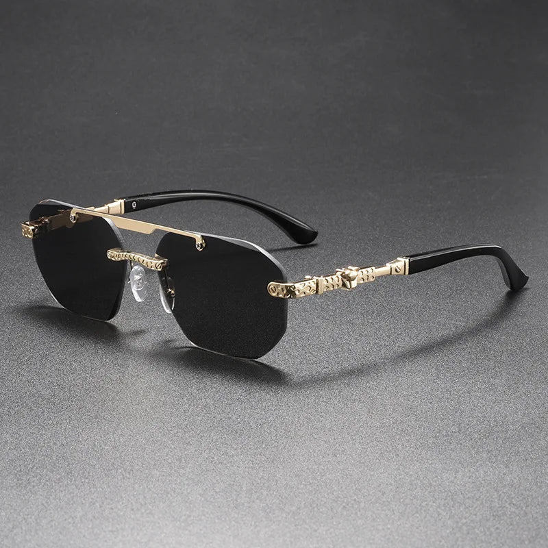 Unisex UV40 sunglasses with a sleek, rimless design for men and women, featuring clear lenses and modern style.