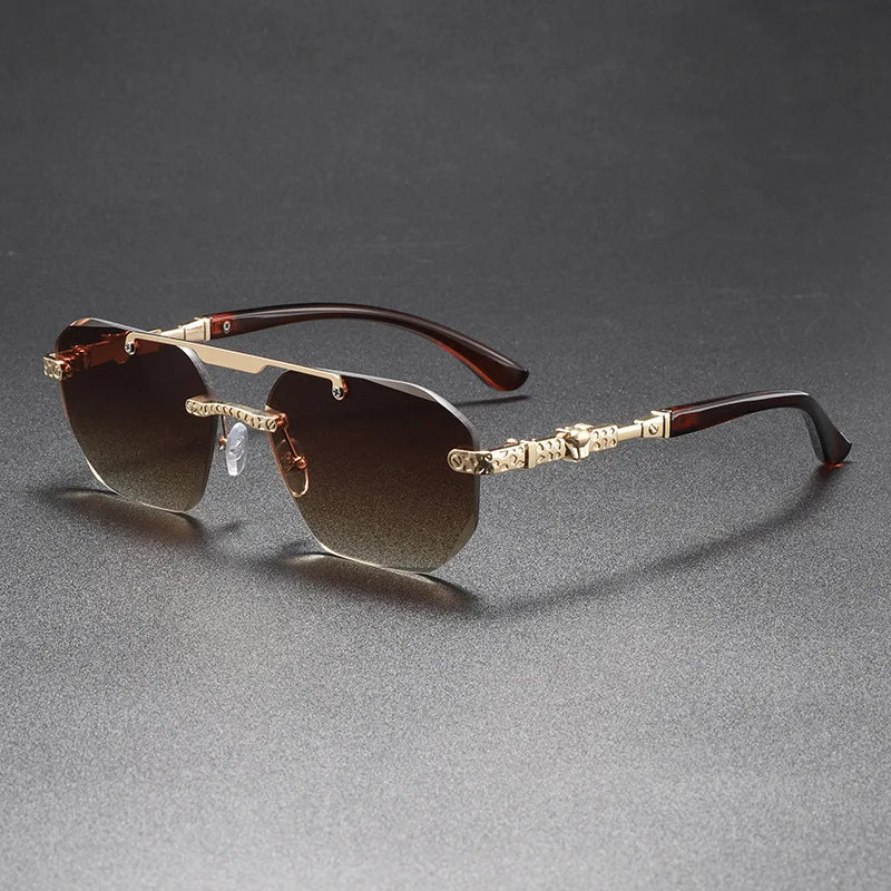 Unisex UV40 sunglasses with a sleek, frameless design for men and women, featuring dark tinted lenses and slim temples.