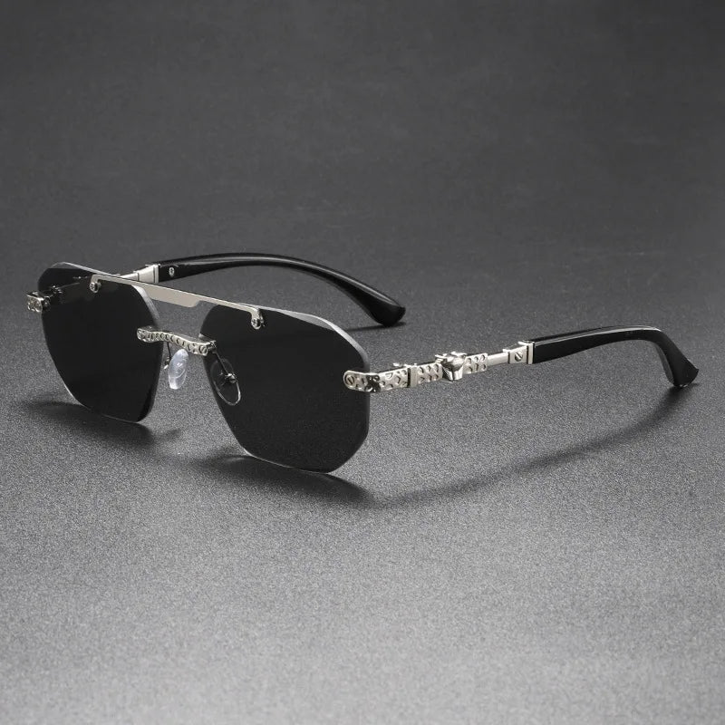 Unisex UV40 sunglasses with rimless design for men and women, featuring sleek modern frames and dark tinted lenses.