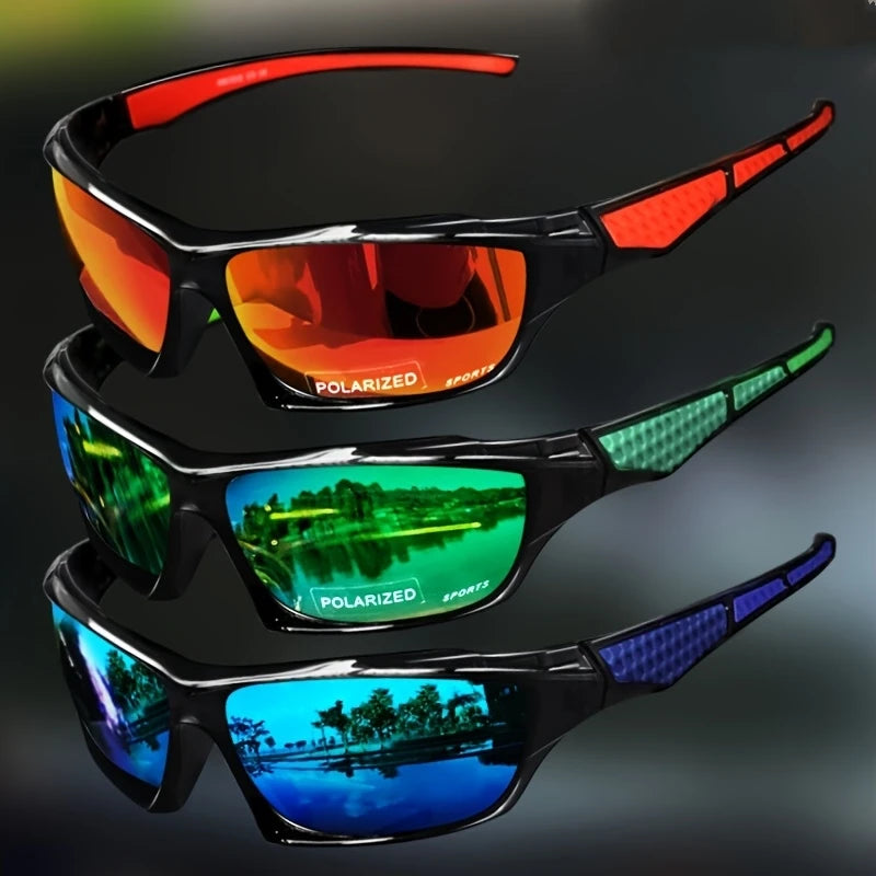 Set of three polarized sports sunglasses for men by Corporación Turística, with black frames and tinted lenses.