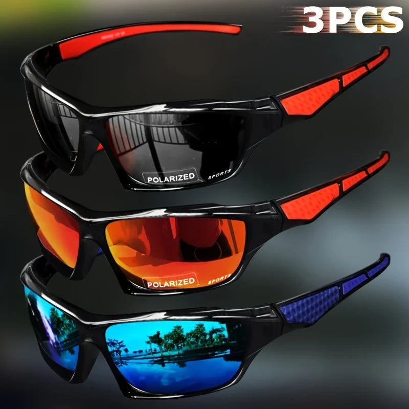 Set of three polarized sports sunglasses for men by Corporación Turística, featuring sleek frames and UV protection.