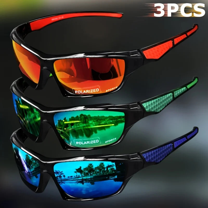 Set of three polarized sports sunglasses for men by Corporación Turística, featuring sporty designs and UV protection.