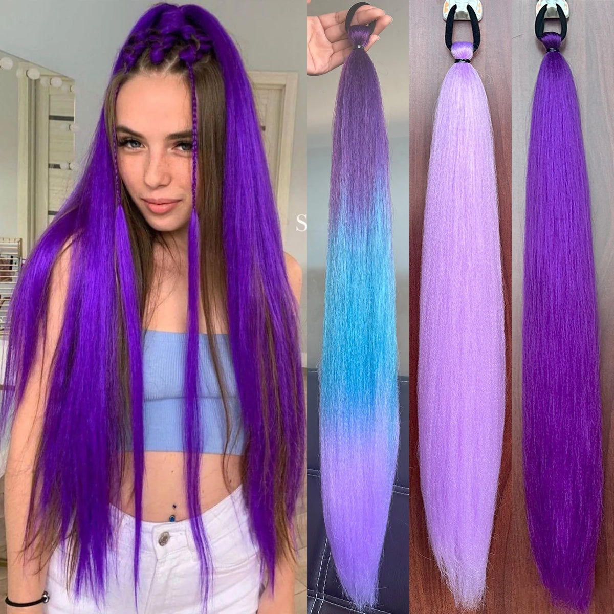 Purple synthetic ponytail extension with band, 26-28 inches long, from Corporación Turística, showcasing the hair and band details.