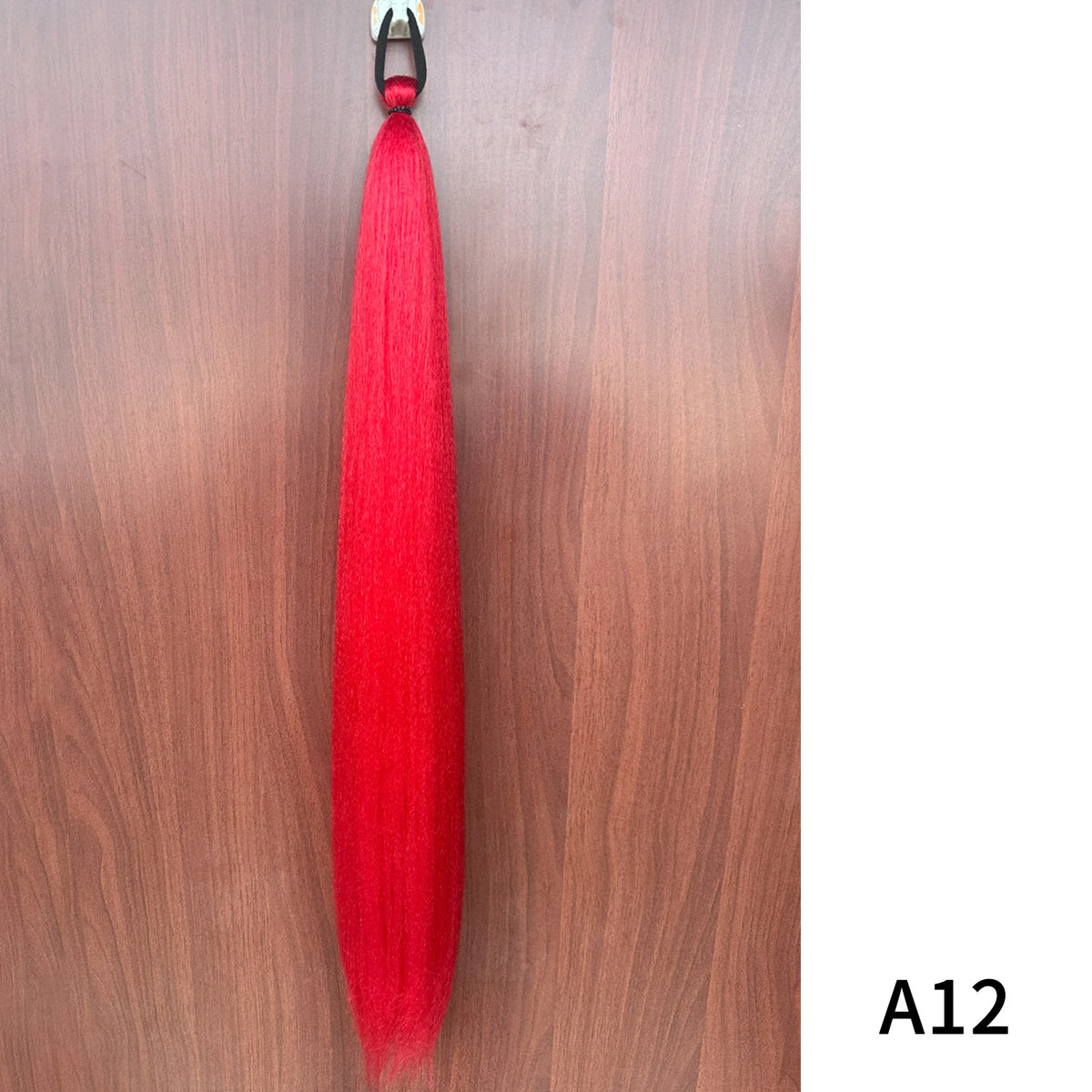 Purple synthetic horsetail extension with band, 26-28 inches long, designed for easy attachment and natural look.