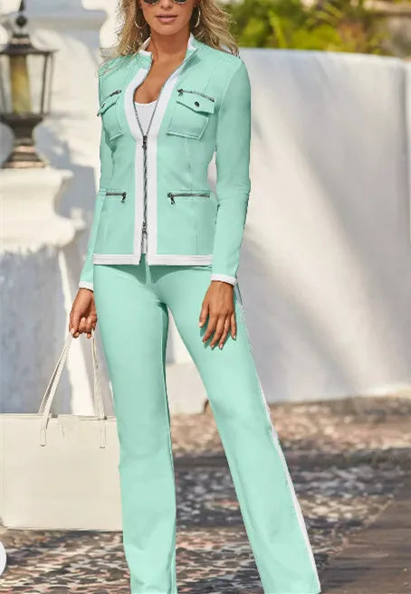 Casual two-piece autumn-winter women's outfit by Corporación Turística, featuring a camel-colored top and matching pants.