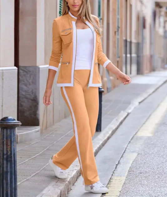 Two-piece casual women's outfit by Corporación Turística in camel color, suitable for autumn and winter, shown on a model.