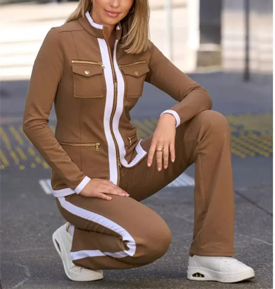 Casual two-piece women's outfit in camel color for fall and winter by Corporación Turística, featuring a cozy top and pants.