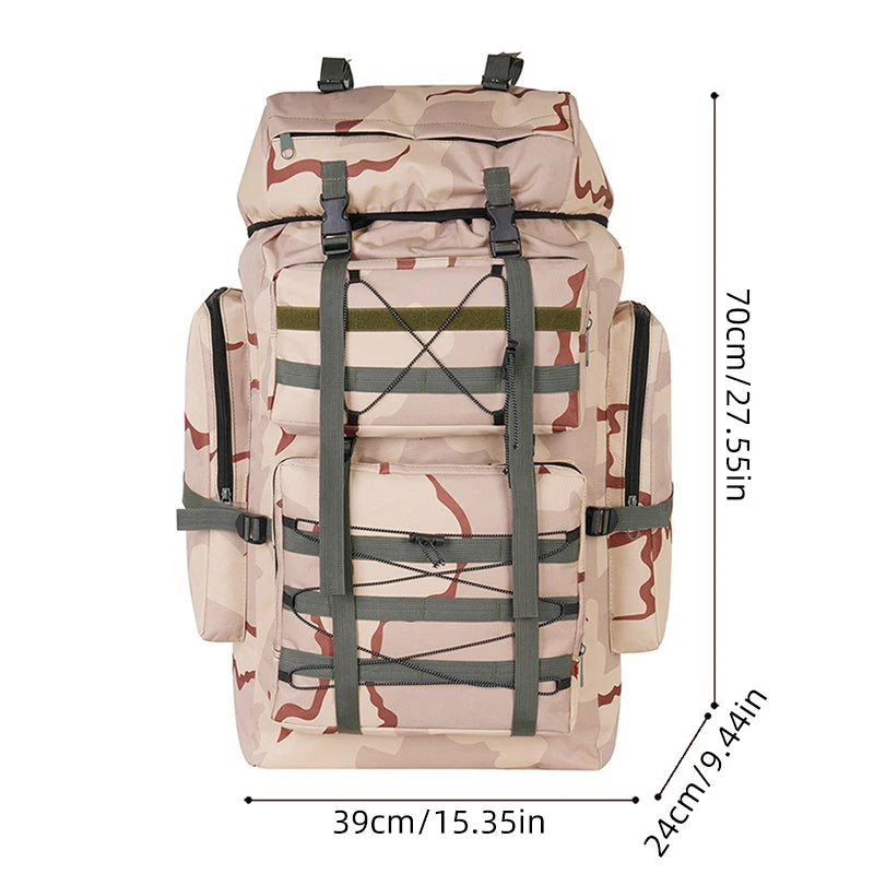 Large tactical camping and climbing backpack by Corporación Turística with camouflage design, suitable for outdoor adventures.