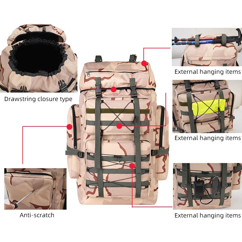 Large camouflage tactical backpack for camping and climbing by Corporación Turística, with multiple compartments and sturdy straps.