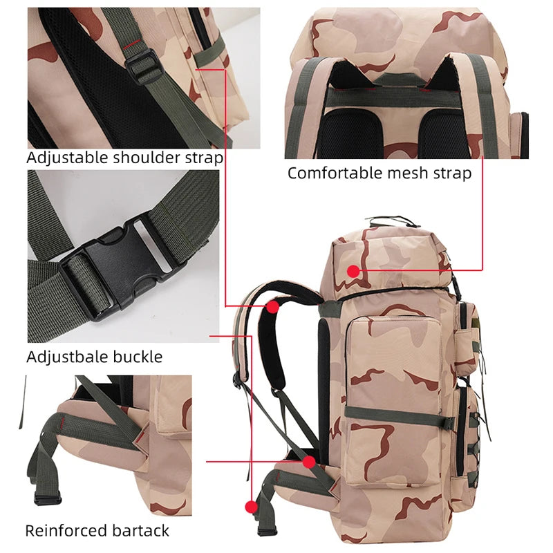 Large tactical camping and climbing backpack by Corporación Turística with camouflage design and multiple storage compartments.