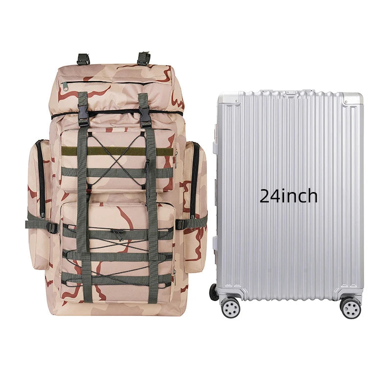 Large tactical camping and climbing backpack by Corporación Turística, with camo design and multiple compartments for outdoor adventures.