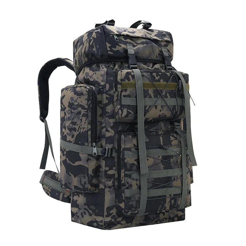 Large tactical camping and climbing backpack by Corporación Turística with camouflage design and multiple compartments.