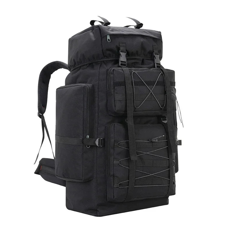 Large tactical camping and climbing backpack by Corporación Turística, features multiple compartments and camouflage design.