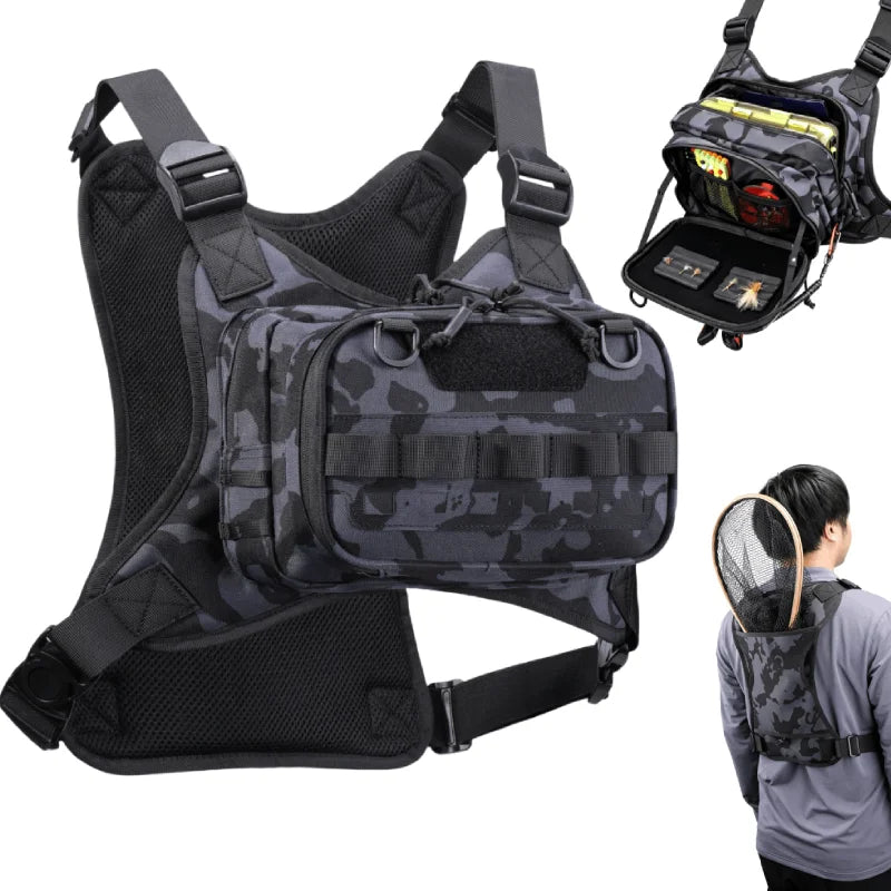 Tactical sports vest for cycling, hiking, and outdoor activities, in camouflage, by Corporación Turística.