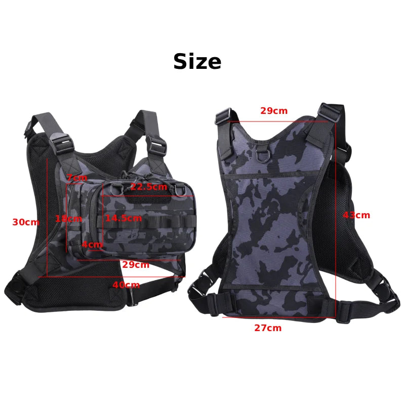 Camo tactical sports vest by Corporación Turística, ideal for cycling, hiking, and outdoor activities, shown in front view.