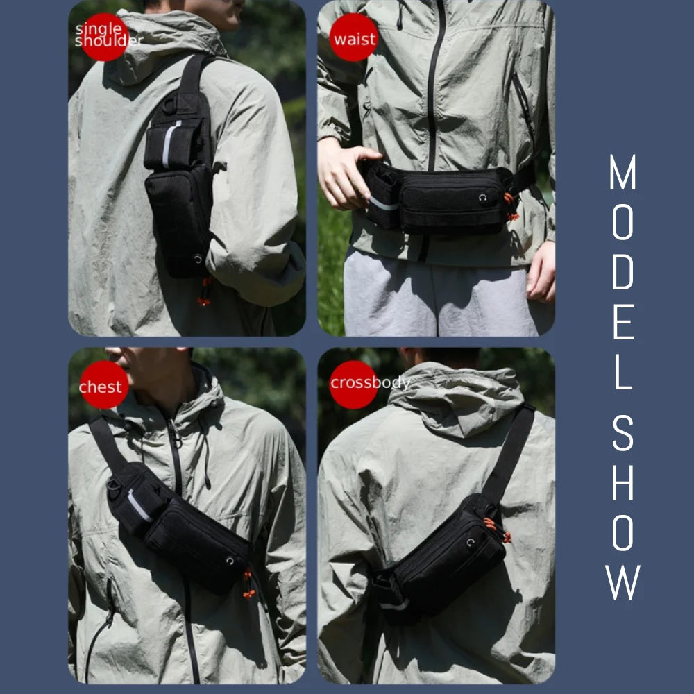 Tactical men's motorcycle waist bag by Corporación Turística in camouflage, designed for sports and outdoor activities.