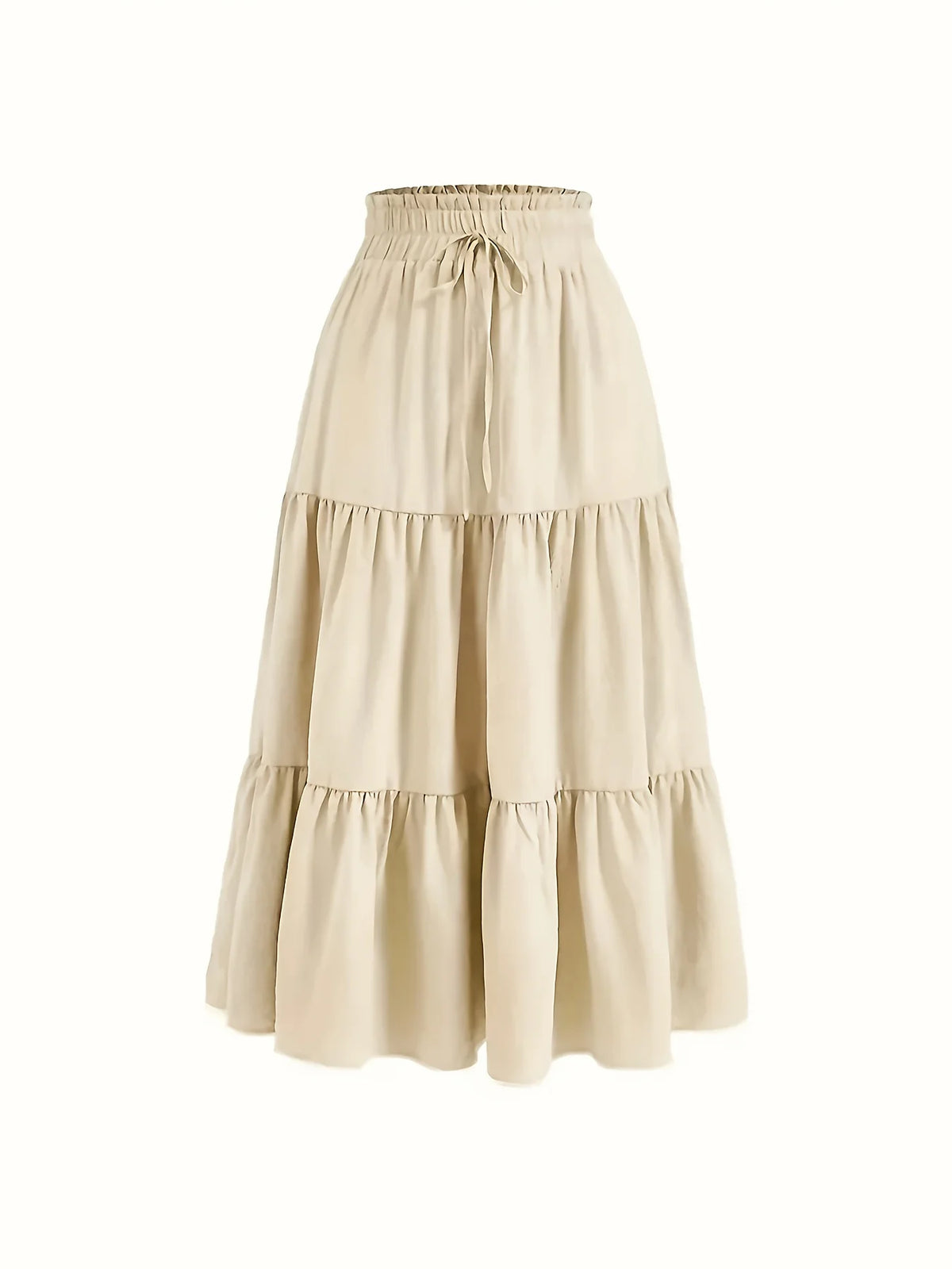 High-waisted elastic medium-length skirt in khaki from Corporación Turística, shown on a model with a casual style.