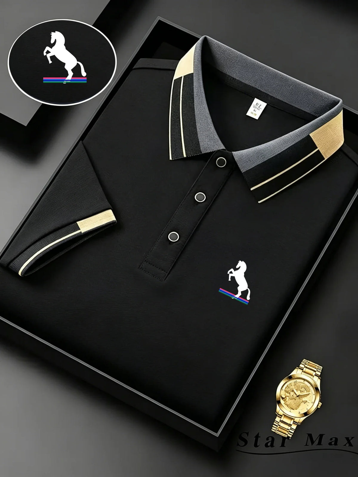 Luxury men's short sleeve polo shirt with horse embroidery, Milan style, casual summer tee, stylish business casual from Corporación Turística.