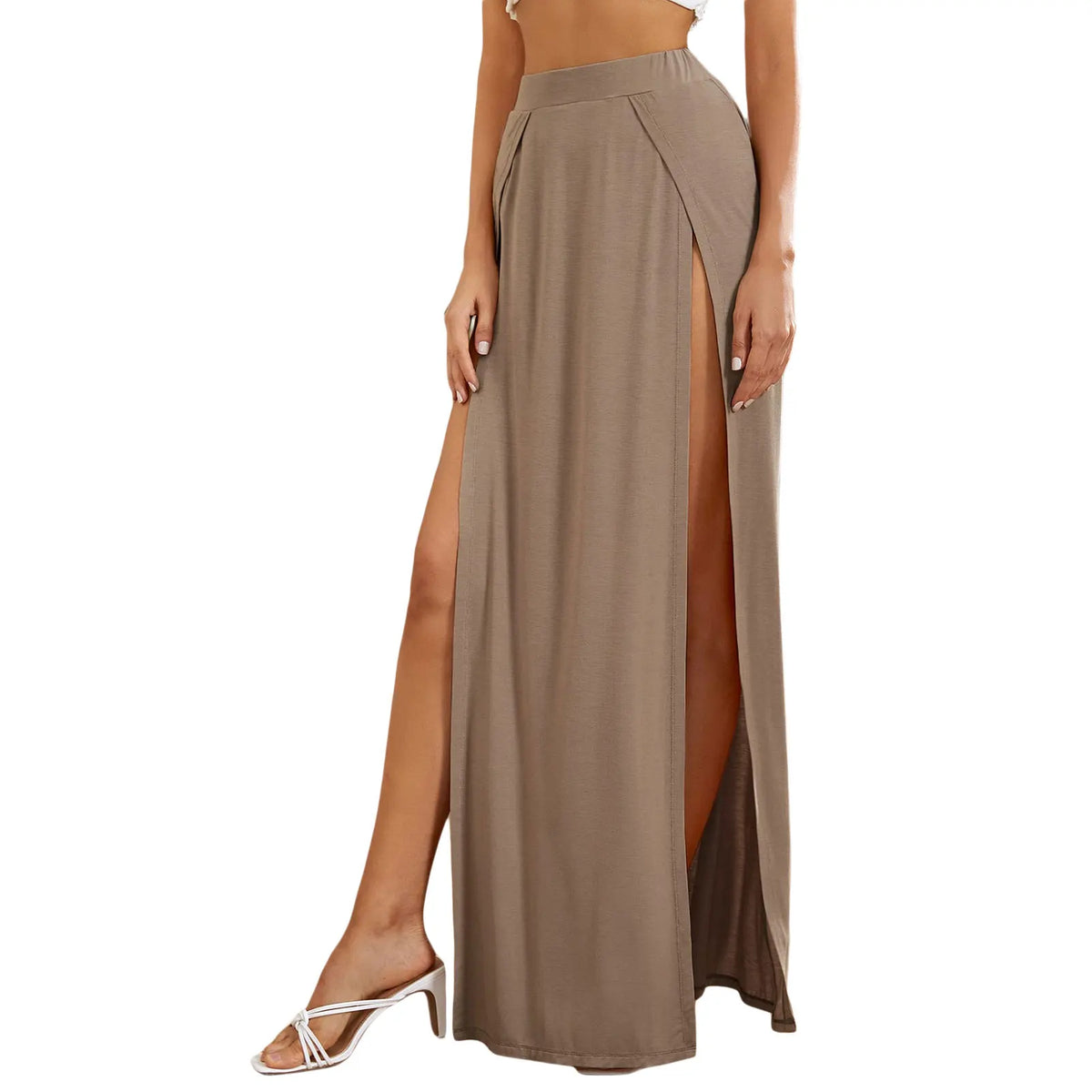High-waisted sexy khaki skirt with side elastic and slit, by Corporación Turística, shown on mannequin.